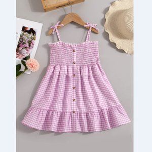 Girls Gingham Decorative Button Smocked Dress